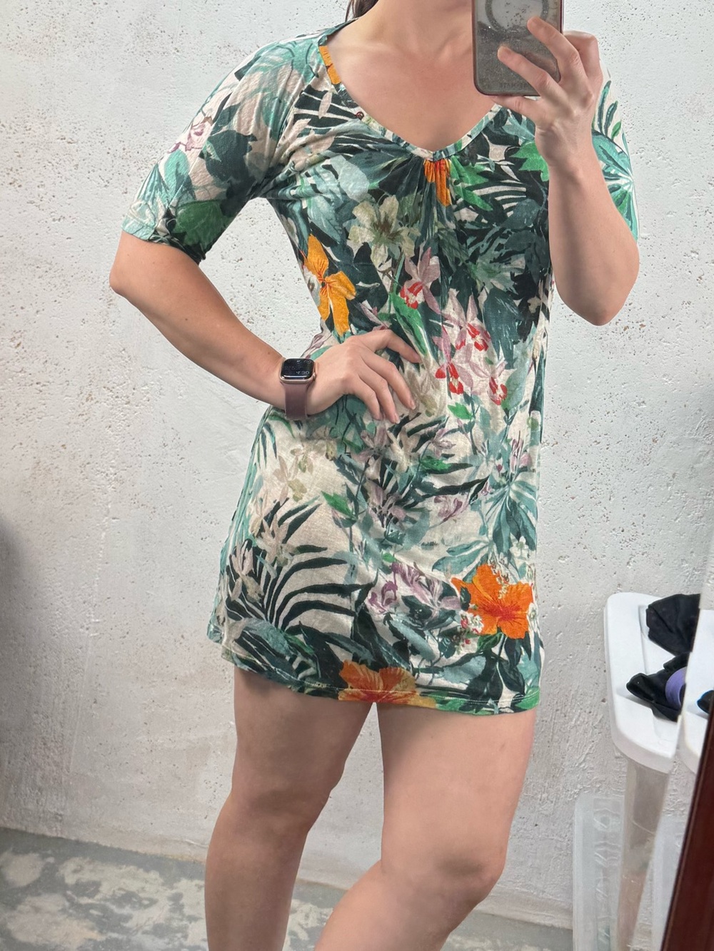 Max Mara Weekend Tropical Print Short Sleeve T-Shirt Dress Green Linen Small